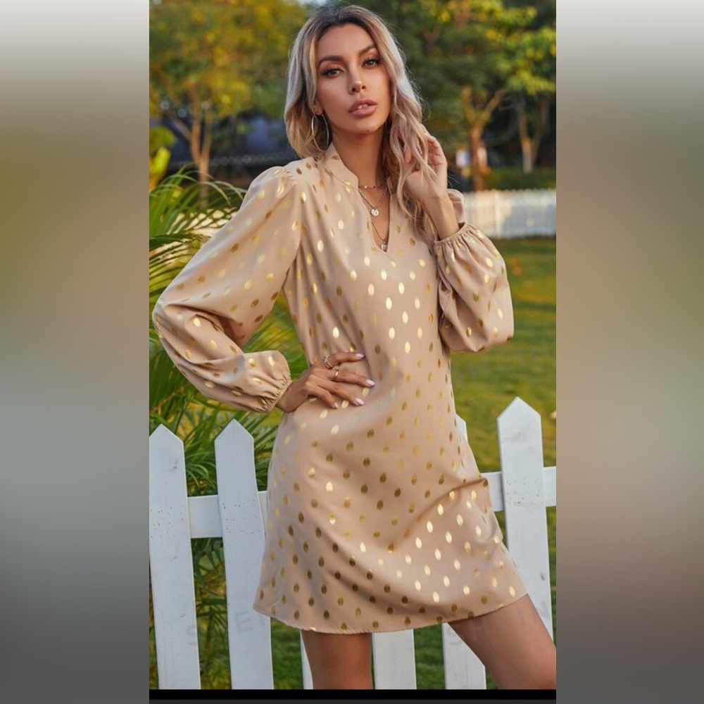 Notched Neck Gold Polka Dotted Tunic Dress Without Belt. New Without Tags